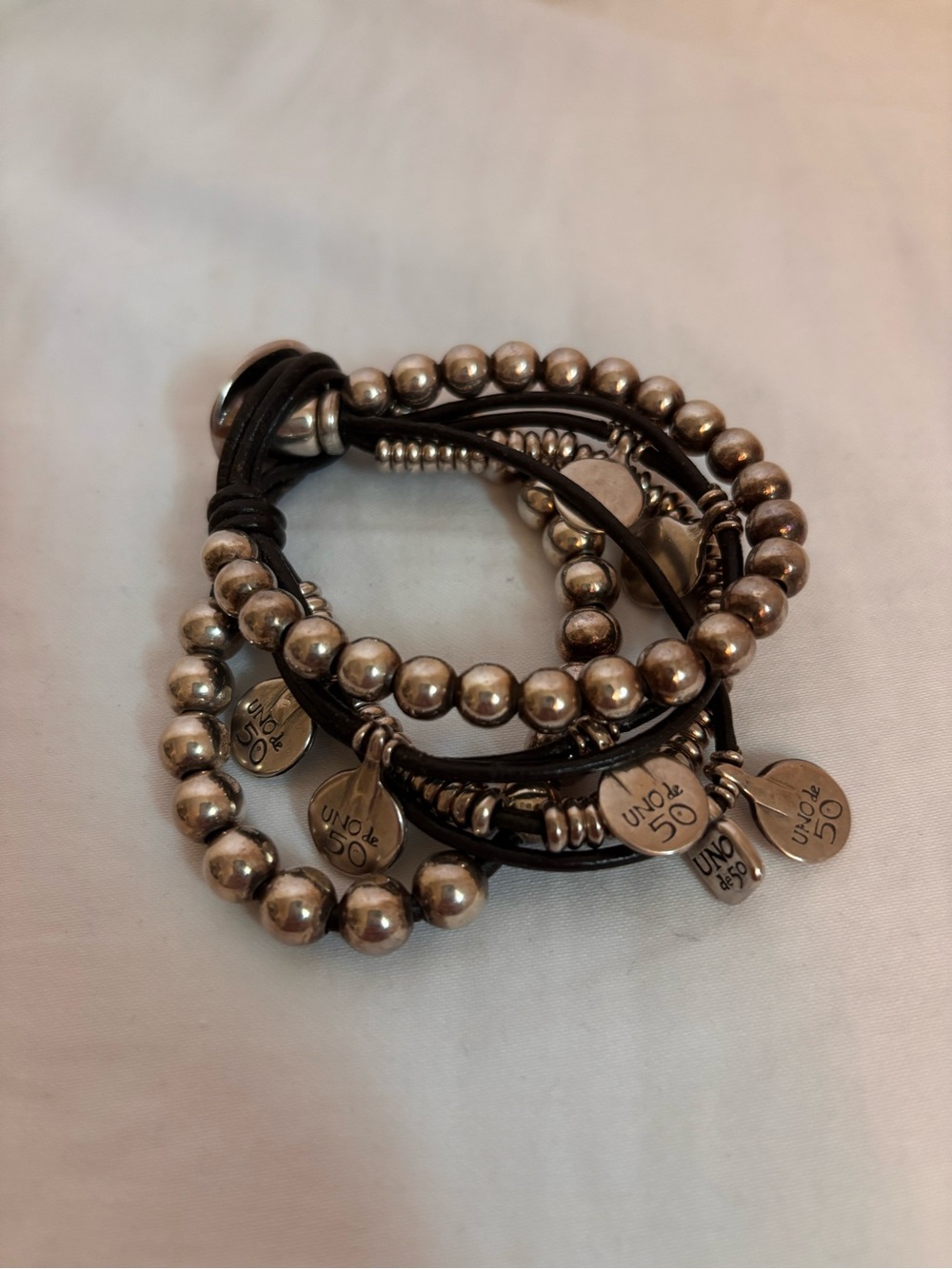 UNO de 50 Leather and Silver Tone Multi Layer Bracelet